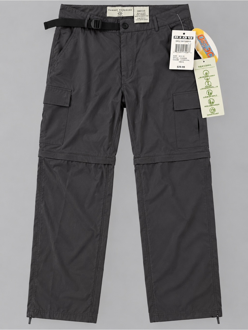 NWT Rugged Exposure Convertible Hiking Cargo Pants 38x32 Charcoal